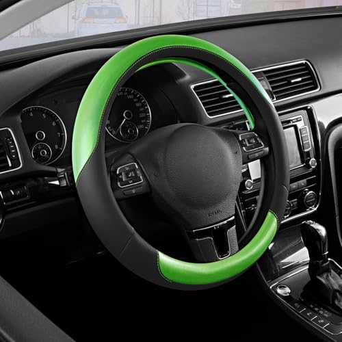 Road Comforts Steering Wheel Cover – Breathable Leather Steering Wheel Cover, Anti-Slip Grip, Universal Fit 14.5” to 15”, Heat & Cold Resistant for Cars, SUVs, and Trucks – Black & Shining Green - color: Black&Green