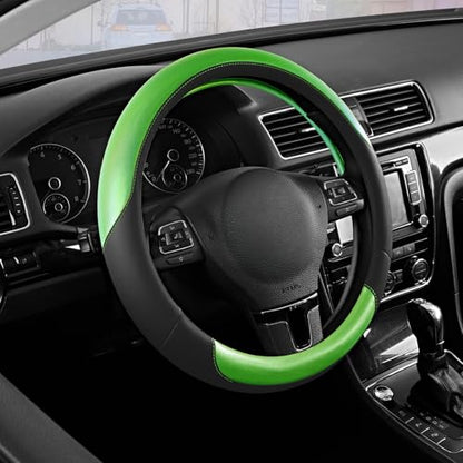 Road Comforts Steering Wheel Cover – Breathable Leather Steering Wheel Cover, Anti-Slip Grip, Universal Fit 14.5” to 15”, Heat & Cold Resistant for Cars, SUVs, and Trucks – Black & Shining Green - color: Black&Green