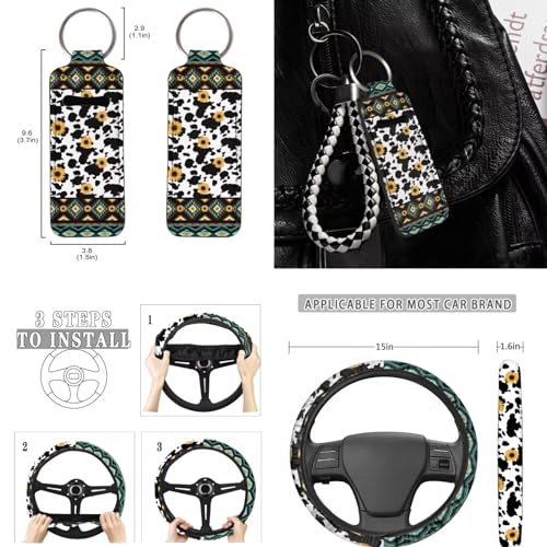 Aztec Cow Geometric Seat Covers for Car,11Pack Cow Auto Seat Covers for Front Back,Universal Fit Most Vehicle Truck SUV,Auto Steering Wheel Cover Seatbelt Pads Keychain Cup Holder Coasters - color: Aztec Cow