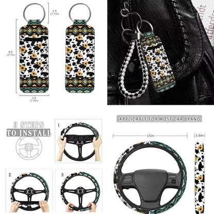 Aztec Cow Geometric Seat Covers for Car,11Pack Cow Auto Seat Covers for Front Back,Universal Fit Most Vehicle Truck SUV,Auto Steering Wheel Cover Seatbelt Pads Keychain Cup Holder Coasters - color: Aztec Cow