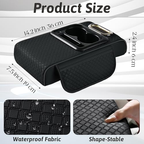 Car Armrest Box Mat - Multi-Functional Black Leather Center Console Cover Waterproof Height Enhancement Cushion with Storage Box Cup Tissue Phone Holder Card Pocket for Car Interior Accessory