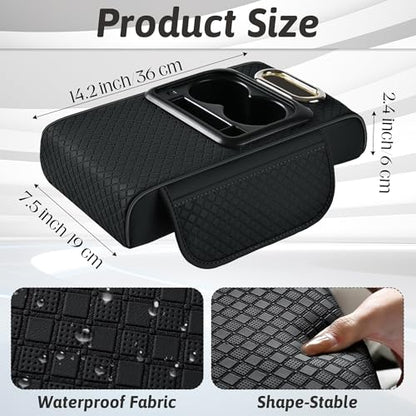 Car Armrest Box Mat - Multi-Functional Black Leather Center Console Cover Waterproof Height Enhancement Cushion with Storage Box Cup Tissue Phone Holder Card Pocket for Car Interior Accessory