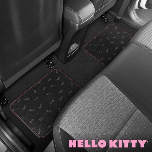 Hello Kitty Carpet Car Floor Mats - Universal Fit for Cars, SUVs & Trucks - Black with Red Bow & Hello Kitty Print - Front & Rear Set, 4 Piece Car Accessories