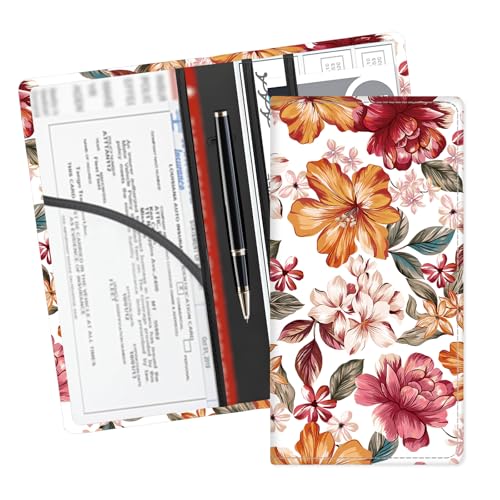 Leather Car Registration and Insurance Card Holder, Cute Car Accessories Vehicle Glove Box Car Organizer for Documents, Cards, License Cute Orange Red Flower - color: Cute Orange Red Flower