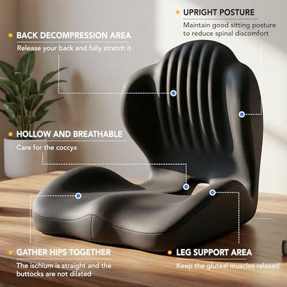 Ergonomic Seat Cushion, Office Chair Seat Cushions with L-Shaped Design, Memory Foam Orthopedic Cushion with Coccyx Hollow, Lumbar Support & Tailbone Pain Relief for Car, Truck, Gaming Chair (Black)