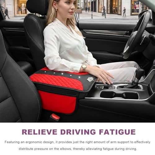 Bling Crown Car Center Console Cover, Crystal Leather Auto Armrest Box Cushion with 2 Storage Bags, Universal Crown Middle Console Cover Arm Rest Protector for Most Vehicles (Red) - color: Red
