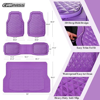 CAR PASS Heavy Duty Rubber Purple Car Floor Mats & Cargo Liners, Deep Dish All-Weather Trunk Mats Durable Anti-Slip 3D Rhombus Waterproof Trim to Fit Liner Universal Fit Auto,Sedan,SUV,Truck, Purple - color: purple with cargo liner