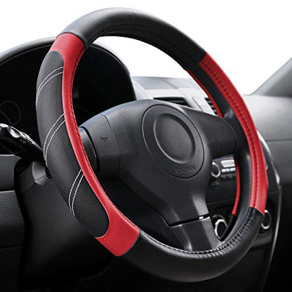 Elantrip Leather Steering Wheel Cover 15 1/2 to 16 inch Universal Large Grip Breathable for Car Truck SUV Jeep Anti Slip Black and Red - color: Black and Red, size: 15 1/2 - 16 Inch