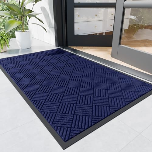 Durable Indoor Outdoor Door Mat, 4' x 2' Heavy Duty Front Door Mat for Entryway, Non-Slip Backing, Stain and Fade Resistant, Absorbent Commercial Floor Mat for High Traffic Area, Blue Diamond - color: Blue-diamond, size: 2' x 4' (Rectangular)