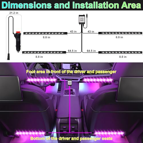 Car Interior Lights, 12V LED Strip Lights with Cigarette Lighter Adapter, Ambient Car Lighting Kit, App & Remote Control Music Sync Color Change Strip Lights for SUVs & Trucks (48LED Beads) - color: Cigarette Lighter Adapter(48LED Beads)
