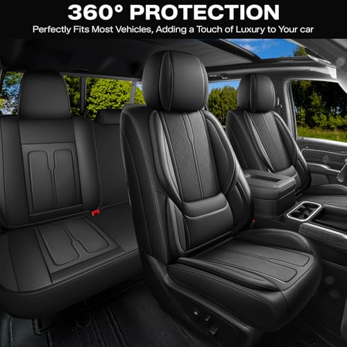 Seat Covers Custom Fit for Chevy Silverado GMC Sierra 2007-2026 1500/2500/3500 HD Crew Cab Pickup Truck Seat Cover Protector Cushion with Faux Leather Waterproof (Front Seat-Black)
