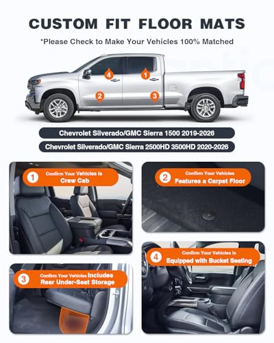 Floor Mats for 2019-2026 Chevrolet Silverado/GMC Sierra 1500 & 2020-2026 2500HD/3500HD Crew Cab (w/Rear Under-seat Storage), All-Weather TPE Custom Fit Floor Liners - size: 1500 2019-2026 & 2500 2020-2026 W/Storage