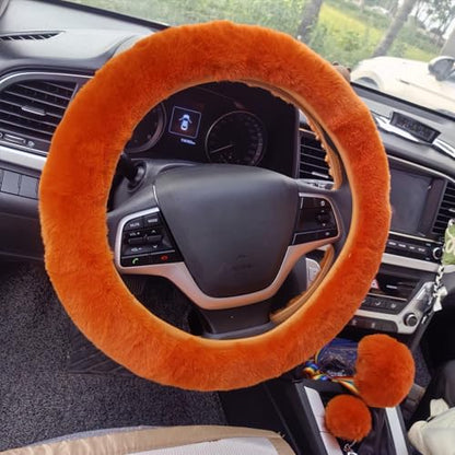 7 Pieces Fluffy Car Accessories Set,YUNXNYC Cute Fluffy Steering Wheel Cover Set Furry Fuzzy Steering Wheel Covers Winter Warm Fur Car Decoration Accessories for Women Girls (Orange)