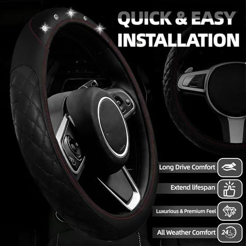 NBTEPEM 6 PCS Bling Car Accessories Set, Leather Steering Wheel Covers Universal 14.5-15 inch, Center Console Cover, Seat Belt Cushion, Cup Holder Coaster (Black) - color: Black