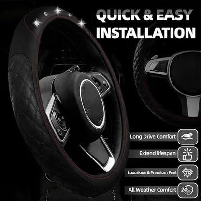 NBTEPEM 6 PCS Bling Car Accessories Set, Leather Steering Wheel Covers Universal 14.5-15 inch, Center Console Cover, Seat Belt Cushion, Cup Holder Coaster (Black) - color: Black