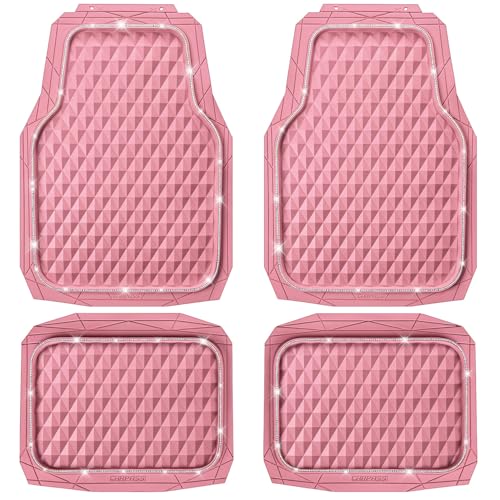 CAR PASS Bling Diamond Rubber Car Mats, Heavy Duty Deep Dish All-Weather Floor Mat Full Set Anti-Slip 3D Rhombus Waterproof Trim Fit Liner Universal Glitter Sparkly Shining Rhinestone, Pink Rubber - color: Pink Diamond