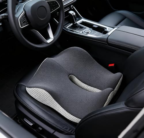 18x16 Inch Grey and Black Memory Foam Seat Cushion for Office Chair, Car Seat and Travel, Contoured Chair Pad with Removable Cover, Non-Slip Bottom and Carry Handle - color: Mesh