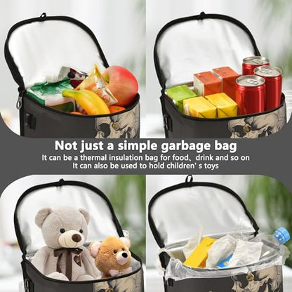 MNSRUU Car Trash Can with Lid, Cat Snuggled Human Skeletal Skull Car Trash Bag Hanging Organizers and Storage for Front Back Seat, Leak-Proof Trash Bin - color: Skull I9450