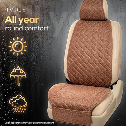 IVICY Faux Linen Front Car Seat Cover – Non-Slip Bucket Seat Protector for Most Cars, SUVs, Vans & Trucks – 1 Seat Cover, Machine Washable, Side-Airbag Friendly, Light Brown - color: BROWN HYB LN