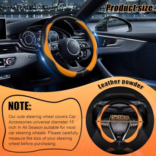 Car Steering Wheel Cover 2025, Universal Auto PU Cute Breathable Slip-Proof Comfort Imitation Leather Protector Cars Interior Accessories for Women Men Fit Most Vehicle (Orange)