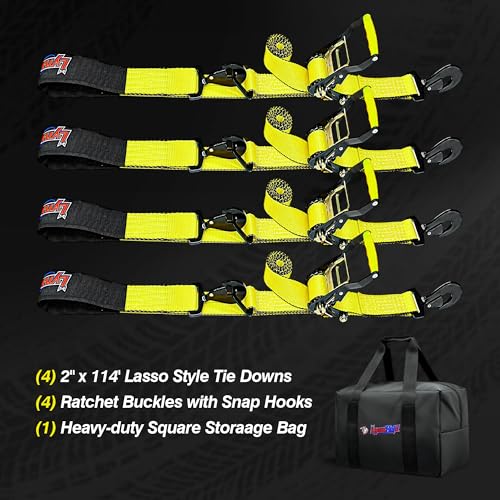 2'' x 114'' Heavy Duty Adjustable Car Tie Down Straps with Snap Hook for Trailers, 10,000 lbs Break Strength, Axle Tire Ratchet Straps with Snap Hooks for Hauling UTV, SUV, Truck, Any Cars - Yellow - color: Yellow