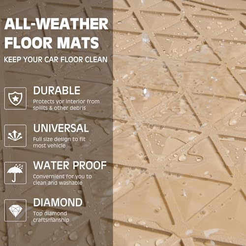 CAR PASS Bling Diamond Car Mats Rubber Floor Mats Full Set Anti-Slip 3D Rhombus Waterproof Trim to Fit Liner Universal Glitter Crystal Sparkly Shining Rhinestone Girl Women SUV Sedan Van, Beige Rubber - color: Beige Rubber