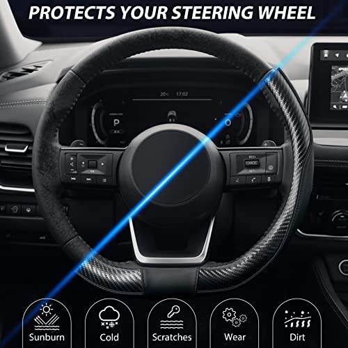 SEG Direct Flat Bottom Steering Wheel Cover Carbon Fiber, D Shaped Car Wheel Cover 14 1/2-15 in. (37-39 cm), Black Microfiber Leather with Carbon Fiber Pattern - color: 2. Black with Carbon Fiber, size: Standard size[14 1/2''-15'']
