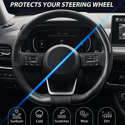 SEG Direct Flat Bottom Steering Wheel Cover Carbon Fiber, D Shaped Car Wheel Cover 14 1/2-15 in. (37-39 cm), Black Microfiber Leather with Carbon Fiber Pattern - color: 2. Black with Carbon Fiber, size: Standard size[14 1/2''-15'']