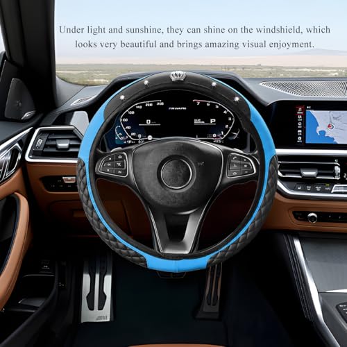 Soft Leather Steering Wheel Cover, 15 Inch Elastic Non-Slip Car Wheel Protector with Crystal Diamond, Universal Sparkling Diamond Crown Accessories for Most Steering Wheels (Blue) - color: Blue