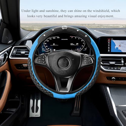 Soft Leather Steering Wheel Cover, 15 Inch Elastic Non-Slip Car Wheel Protector with Crystal Diamond, Universal Sparkling Diamond Crown Accessories for Most Steering Wheels (Blue) - color: Blue