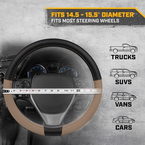 Cat® ErgoDrive Car Steering Wheel Cover with Tan Beige Grip, Black Faux Leather Steering Wheel Cover for Auto Truck Van SUV - Standard 14.5" - 15 Inches - color: Beige/Black, size: Standard (14.5-15")