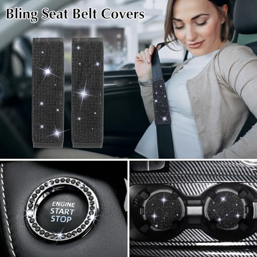 ARTILAURA 11 PCS Bling Car Accessories Set for Women Steering Wheel Covers Butterfly Hanging Seat Belt Cover Air Vent Clips Coasters Cute Glitter Diamond AUTO Accessories Kit (Black) - color: Black