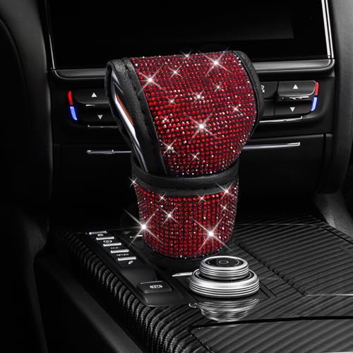 Bling Auto Gear Shift Knob Cover, Car Shifter Cover, Sparkly Crystal Rhinestones Gear Shift Knob Cover for Women Girls, PU Leather Shift Gear Cover with Bling Accessories Fit Cars (Red) - color: Red