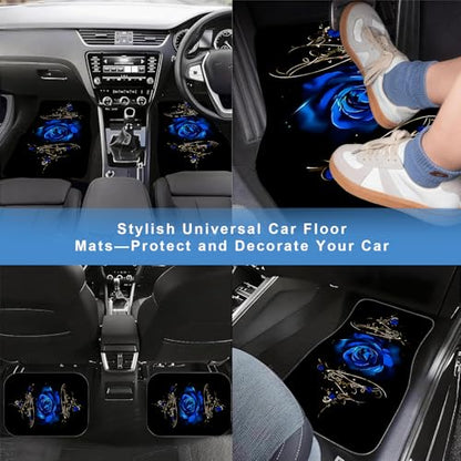 Universal Fit Car Floor Mats & Trunk Mat Set of 5Pcs, Blue Rose Print All-Weather Front Rear Floor Mats with Cargo Liner, Non-Slip Car Mats Cargo Mat Automotive Accessories for Cars Trucks SUVs