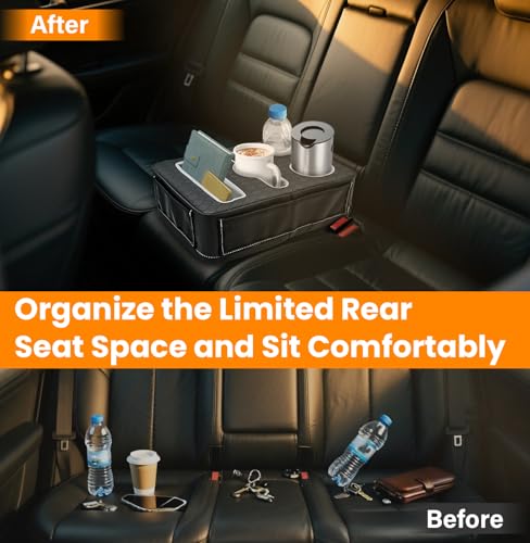 Car Cup Holder, Back Seat Cup Holder for Car, Truck Bed Organizer Boat Couch Bottle Holder Tray Expander Automotive Rear Seat Storage Accessories Pu Leather Fit for Coffee Drink Food - size: 15 X 10X 5.3Inch