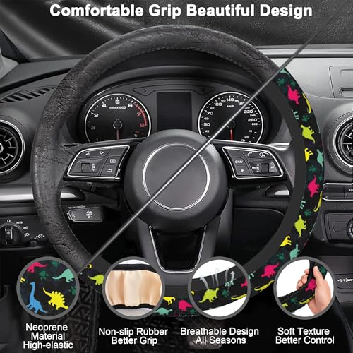 Dinosaur Steering Wheel Cover for Women Girly,Colorful Dino with Paws 15 Inch Non-Slip Breathable Neoprene Steering Wheel Cover Fit Auto,SUVs,Includes 2 PCS Cup Coasters - color: Dinosaur