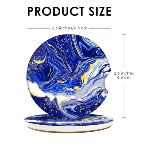 Car Coasters for Drinks Absorbent, 2 Pack Cup Holders, 2.56" Ceramic Stone & Non-Scratch Cork Base Coasters Cupholder, Auto Accessories for Women & Men, Blue Marble Gold Natural Luxury