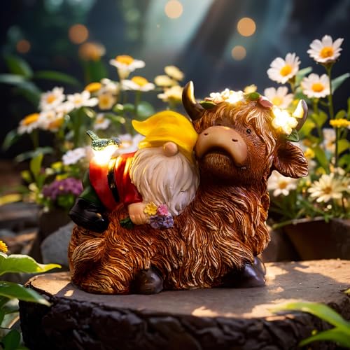 Pohabery Garden Gnome Statue - Highland Cow with Solar Flower LED Lights and Bird - Funny Outdoor Decor for Table, Patio, Lawn - Unique Birthday Gifts for Mom, Women, and Christmas Decorations - color: Flower Gnome