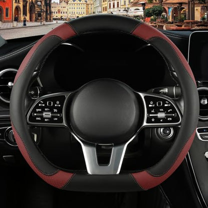 Microfiber Leather D Shaped Steering Wheel Cover, Breathable, Anti Slip, Universal 15 inch, Black with Burgundy - color: Black Burgundy, size: D Shape-Middle[14.5''-15'']