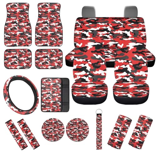 17Pcs Red Camo Print Car Seat Cover Set, Easy Install, Car Seat Cover with Mats Steering Wheel Cover Armrest Cover Car Seat Belt Covers Car Coaster Keychain Roof Gloves - color: Red Camo Print