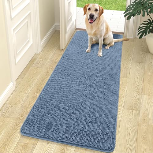 OLANLY Dog Door Mat for Muddy Paws 70x24, Absorbs Moisture and Dirt, Absorbent Non-Slip Washable Doormat, Quick Dry Chenille Mud Mat for Dogs, Entry Indoor Entryway Carpet for Inside Floor, Airy Blue - color: Airy Blue, size: 70" X 24"