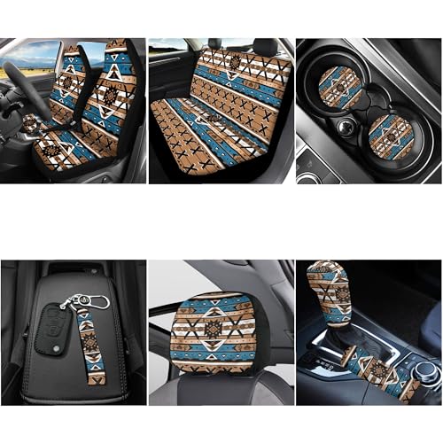 Horeset Aztec Antique Car Seat Cover Full 11 Pcs Set with Etnnic Africa Lanyards Key Chain+Auto Cup Pad+Car Seat Headrest Cover+Gear Shift Knob and Handbrake Cover Universal Fit - color: Aztec Antique Etnnic Africa