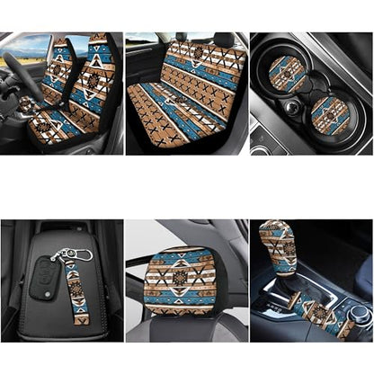 Horeset Aztec Antique Car Seat Cover Full 11 Pcs Set with Etnnic Africa Lanyards Key Chain+Auto Cup Pad+Car Seat Headrest Cover+Gear Shift Knob and Handbrake Cover Universal Fit - color: Aztec Antique Etnnic Africa