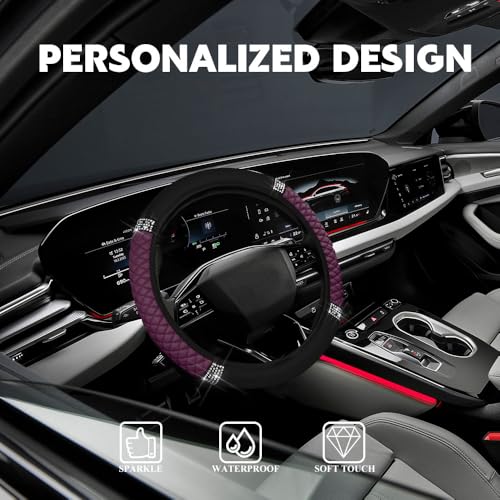 Car Steering Wheel Cover, Steering Wheel Accessories, Breathable Microfiber Leather Auto Wheels Protector, Universal 15 Inch Anti-Slip Protector for SUV Sedan Truck (Bling-Purple)