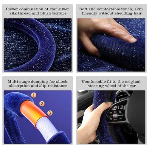 Blue Bling Starry Sky Furry Steering Wheel Cover, Universal 14.5-15 Inch Winter Plush Warm Steering Wheel Cover, Soft Fluffy, Anti-Slip Design, Soft Texture - color: Blue Starry Sky Plush