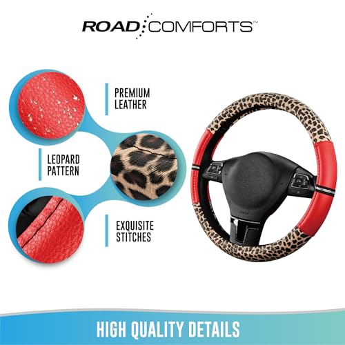 Road Comforts Leopard Steering Wheel Cover for Women, Cute Anti-Slip Microfiber Leather, Universal Fit 14.5-15 Inch Round Steering Wheel - Red - color: Round Red