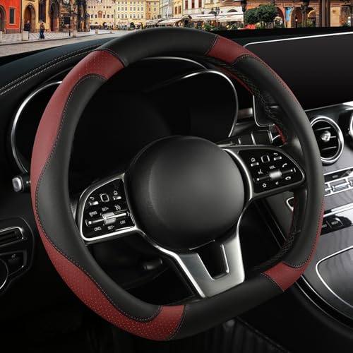 Microfiber Leather D Shaped Steering Wheel Cover, Breathable, Anti Slip, Universal 15 inch, Black with Burgundy - color: Black Burgundy, size: D Shape-Middle[14.5''-15'']