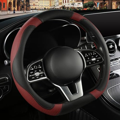 Microfiber Leather D Shaped Steering Wheel Cover, Breathable, Anti Slip, Universal 15 inch, Black with Burgundy - color: Black Burgundy, size: D Shape-Middle[14.5''-15'']