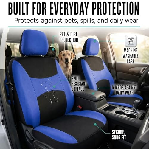 FH Group Full Set Cloth Car Seat Covers , Universal Fit Combo Set with Steering Wheel Cover and Seat Belt Pad for Cars, SUVs and Trucks, Blue - color: Blue/Black