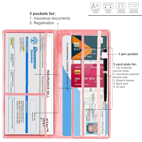 Leather Car Registration and Insurance Holder - Vehicle Glove Box Car Organizer,Auto Truck Comparment Accessories Case with Magnetic Closure for Driver License, Cards (Pink) - color: Pink